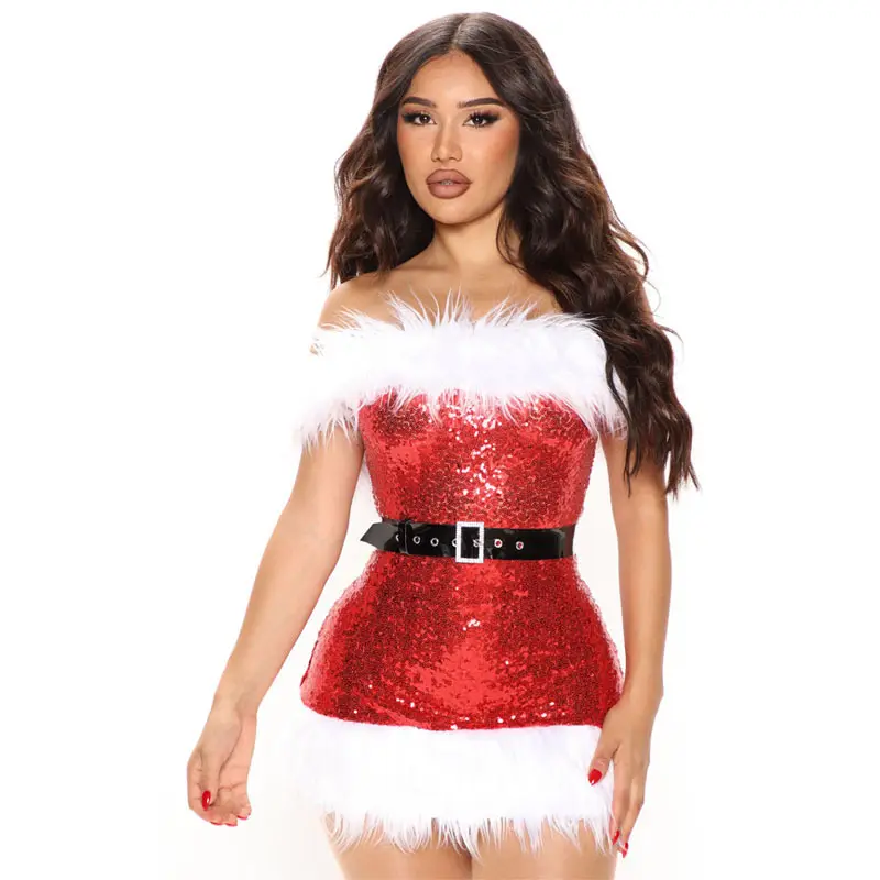 Disfraz de Navidad rojo cintura alta peludo Bodycon vestidos niñas Navidad club nocturno fiesta faldas brillante lentejuelas sin tirantes vestido de Navidad