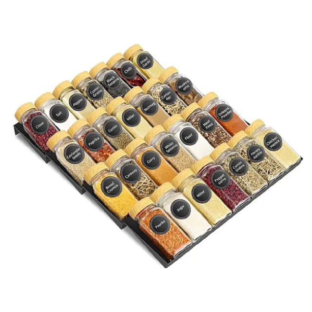 Stellen Sie Logo Kitchen Spice Drawer Organizer Black Expand able Spice Tray Verstellbare Gewürz dosen Rack