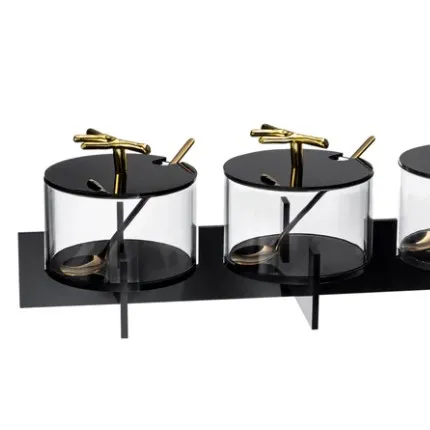 Fabbrica personalizzata all'ingrosso splendida Meta Lucite Twig Dip Black Bowl Set cucchiaio con espositore da tavolo in metallo