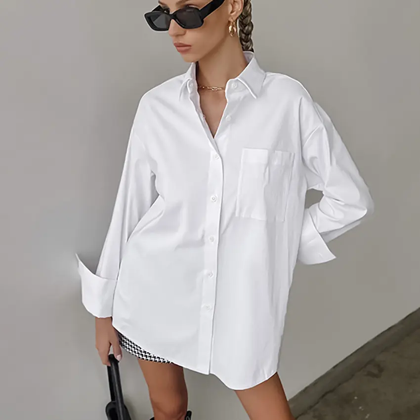 Camicette donna a maniche lunghe in cotone da ufficio bianco abbottonate top da donna Casual colletto rovesciato camicia lunga