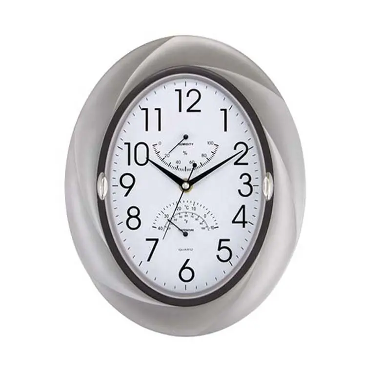 Home goods-Reloj de pared de plástico con forma ovalada, reloj de pared barato con temperatura y humedad