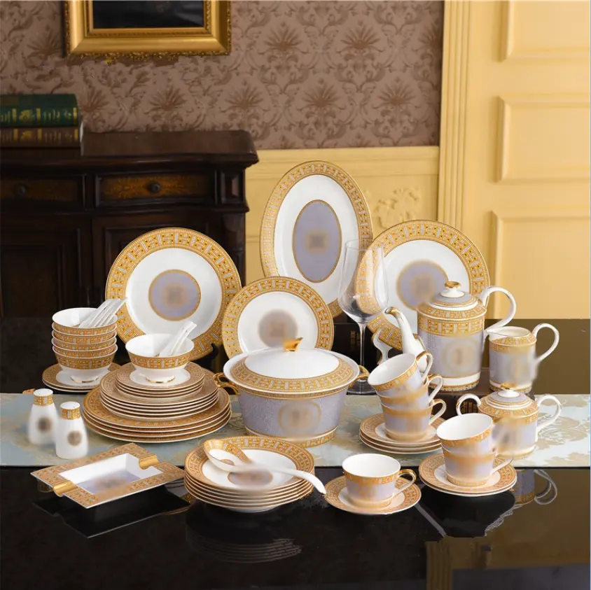 Dinnerware Sets Gold New Western Luxury Mosaic Bone China Product 58 Pcs Gift Box Giveaways Contemporary Ceramic for 6 Users