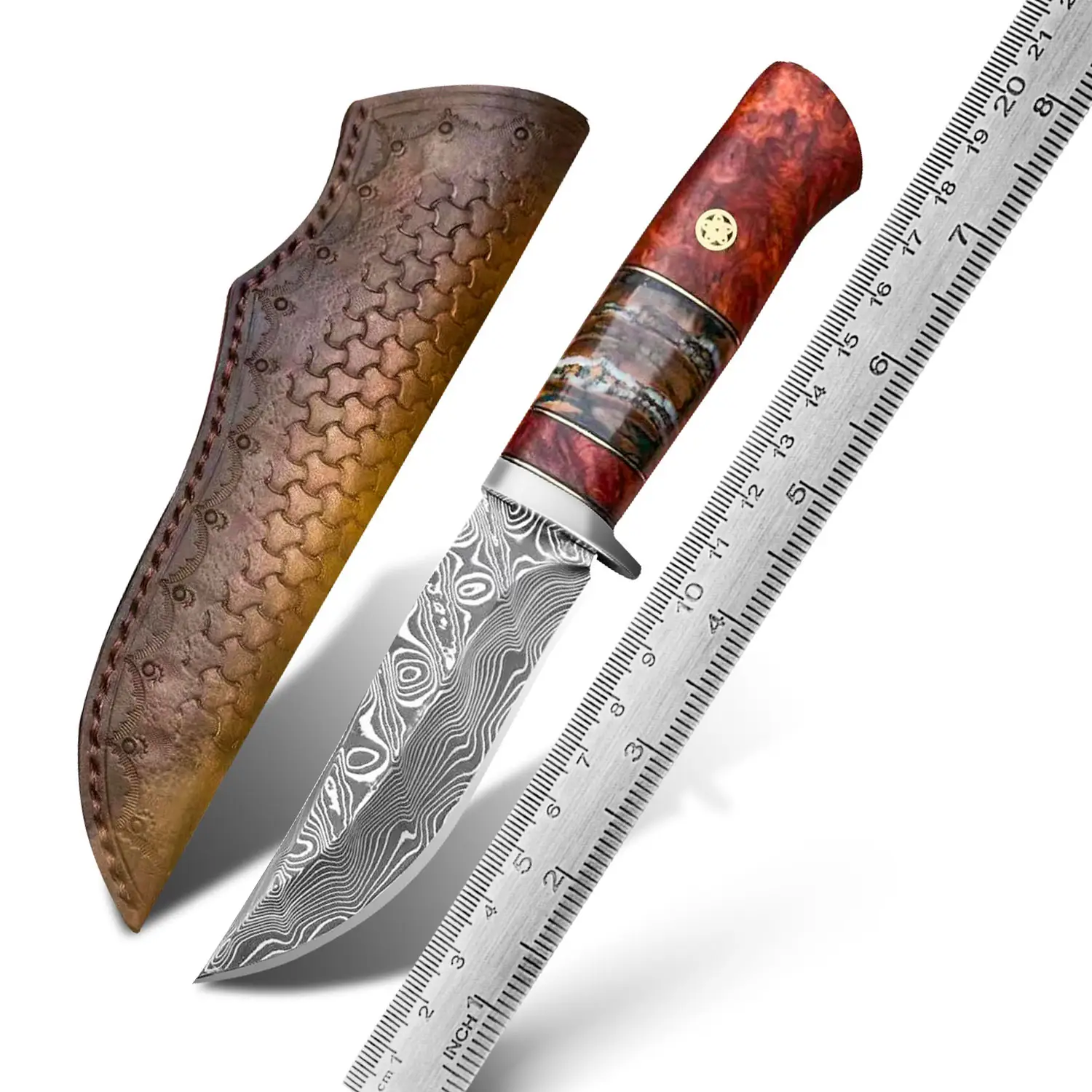 Fósil de mamut de madera estabilizada hecha a mano, cuchillos Bowie de hoja fija de acero VG10 con funda, cuchillo de caza de Damasco de supervivencia al aire libre