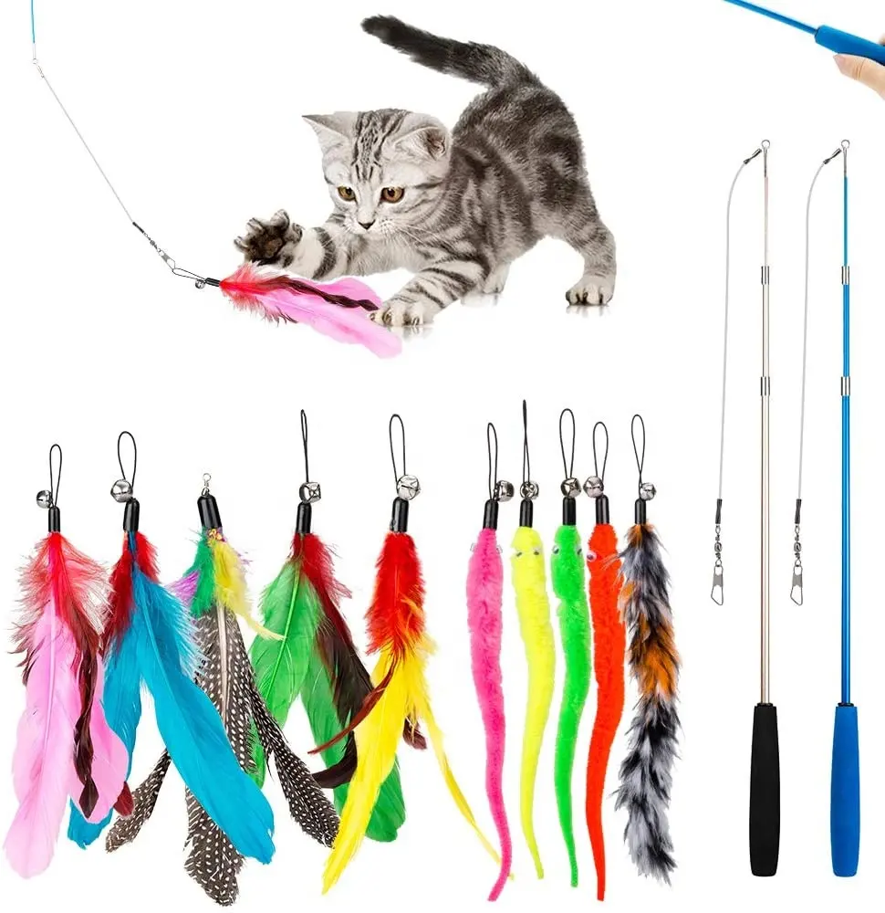Jouet de plumes de chat baguette rétractable et teaser de remplacement avec recharges de cloche, attrape-chat interactif et exercice amusant pour chaton