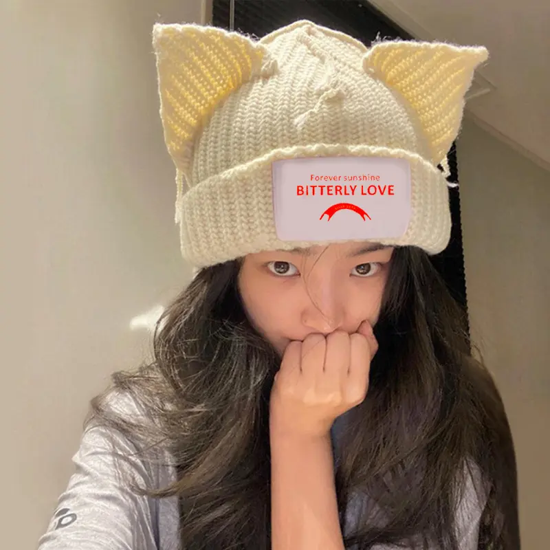 Wholesale Women Slouchy Winter Hats Knitted Patch Cat Beanie Hats Funny Bunny Ear Womens Custom Patch Tag Beanie Hat With Ears