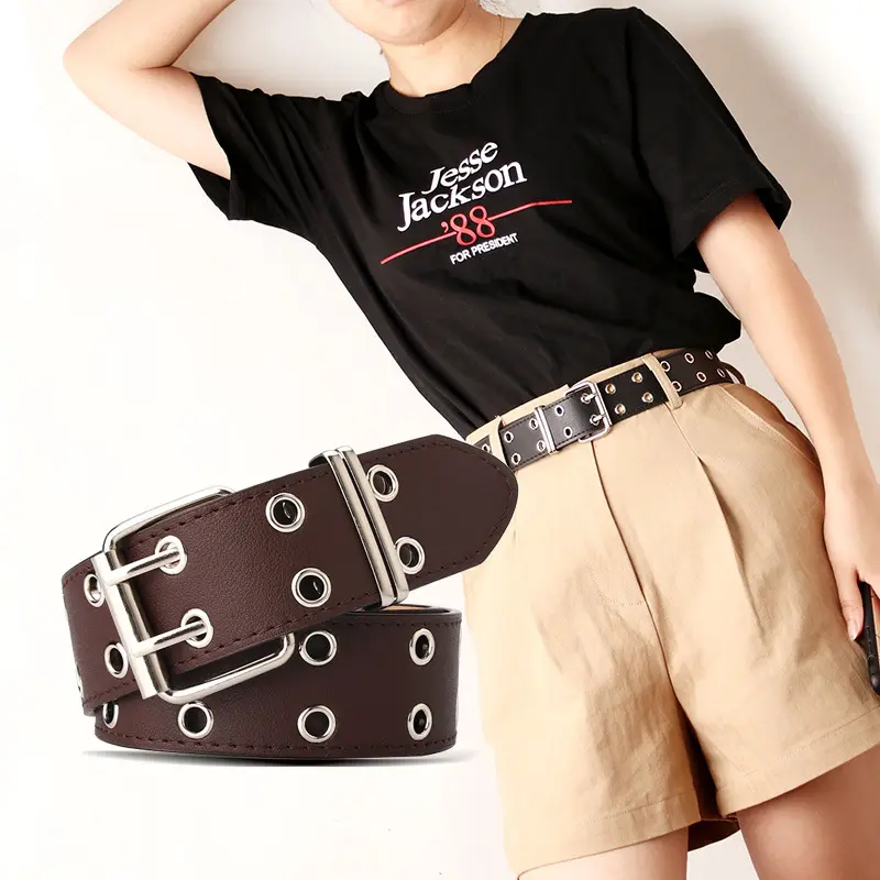 Cinturón de doble fila con remache decorativo para mujer, nuevo cinturón de PU con personalidad, ancho de tendencia