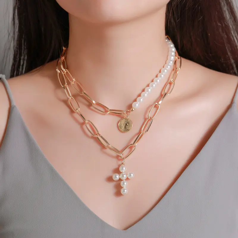 Collar de cadena gruesa con colgante circular, cadena con varias capas, varias perlas, Cruz, moda europea y americana, 20279-6