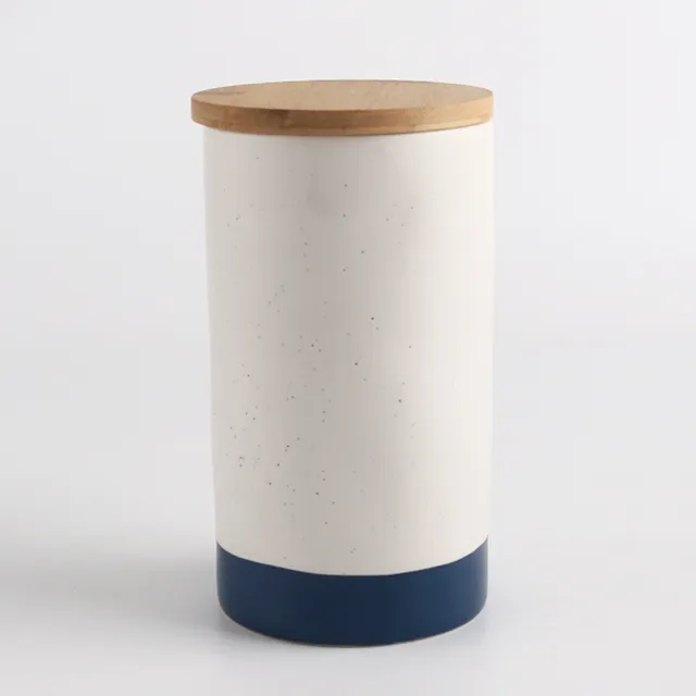 cylinder shape Sealed Pots Food Storage Ceramic stoneware tea coffee sugar canister with wooden lid