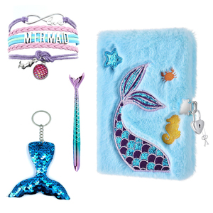 Juego de diario con bordado de sirena de felpa, diario con purpurina, cuaderno para niños con bolígrafo de Gel, llaveros, pulseras, Bloc de notas escolar, regalo - Product Image 1