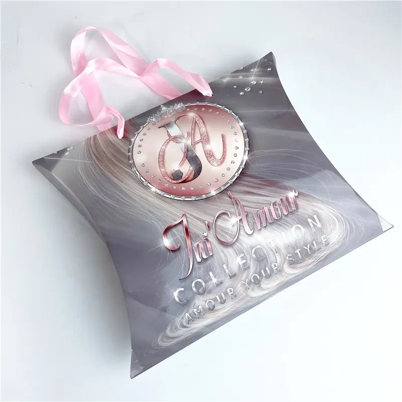 Hair extension packaging logo name printed custom cheap pillow box kraft pillow box for wig