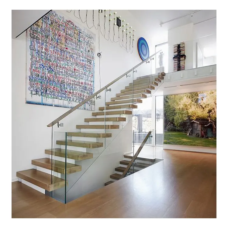 Escaleras de vidrio flotantes para casa interior, peldaños de madera, barandilla de vidrio, Diseño de escalera