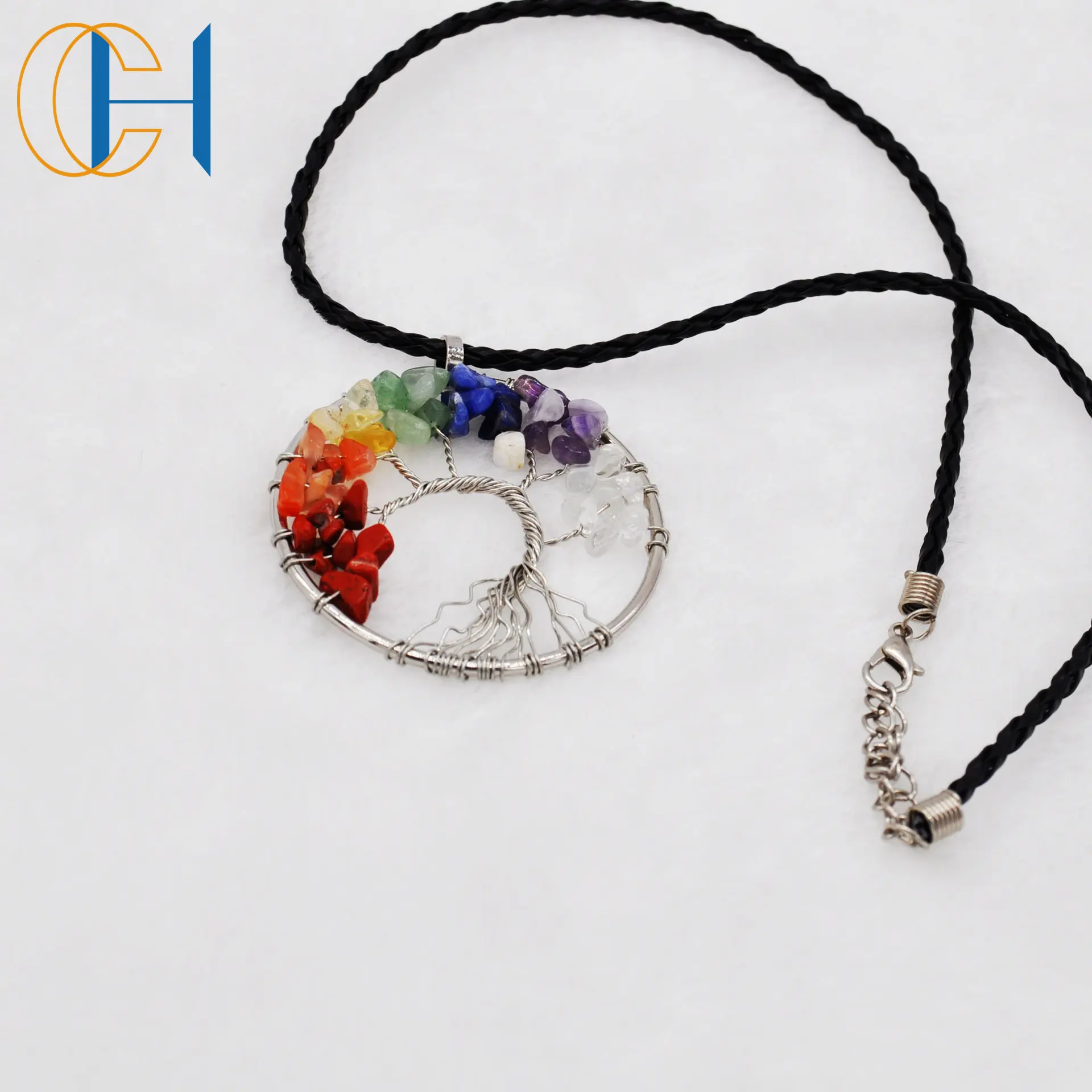 C & H Design Unique 7 Chakra Arbre de Vie avec Pendentif en Pierre de Cristal Naturel pour Femme