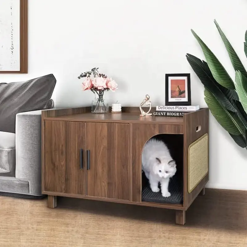 Personalizado Luxo Moderno Madeira Pet Crate Gato Banheiro Oculto Litter Box Gabinete Móveis Casa como Mesa Cabeçada