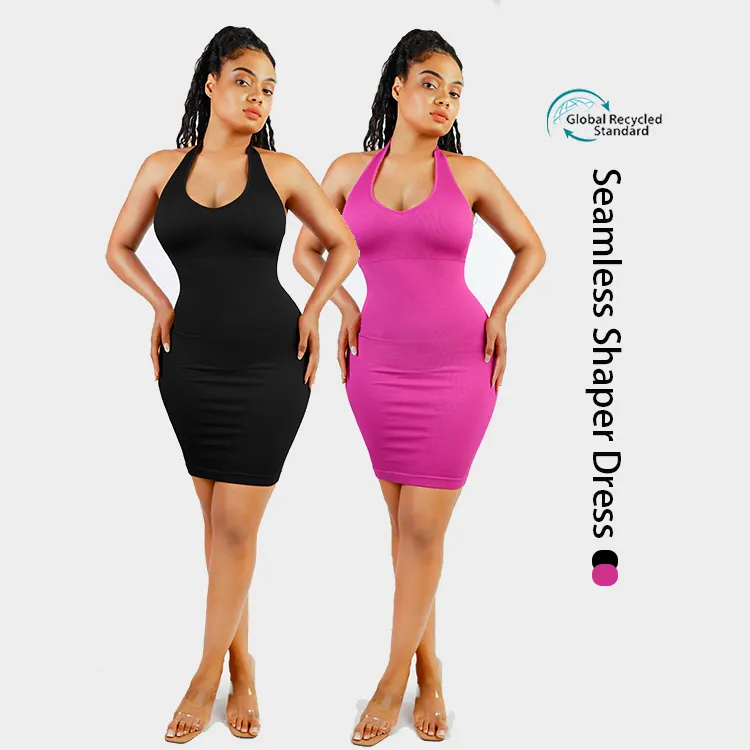 Venta al por mayor 2023 nuevo diseño sexy MIDI bodycon shapewear vestido ecológico sin costuras cuello Halter ropa exterior vestido moldeador para mujeres