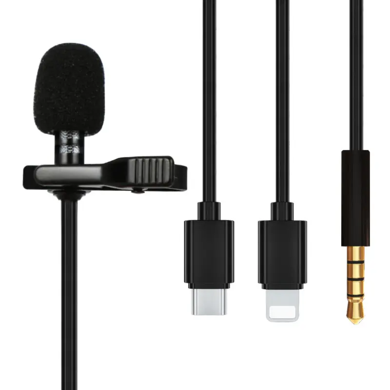 Microfone de lapela tipo c, usb 8pin 1.5m lightn-ing 3.5mm jack, condensador de áudio, com fio, lavalier, para smartphone