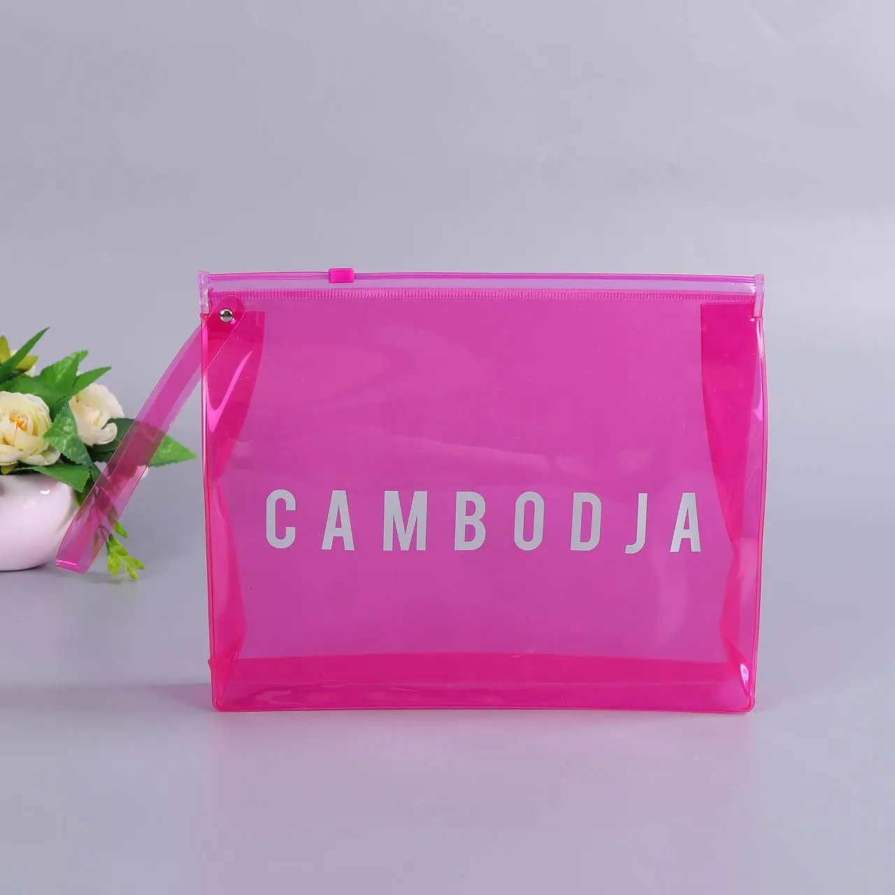 Özel taşınabilir kozmetik çantası su geçirmez pembe pvc şeffaf renk fermuarlı baskı ile makyaj çantası