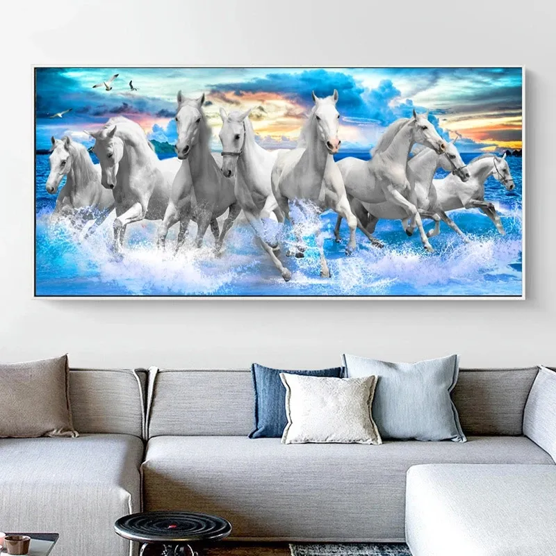 Living Room Bedroom Modern Decoration Eight Horses Running In Sea Canvas Animal Pictures horse wall art painting