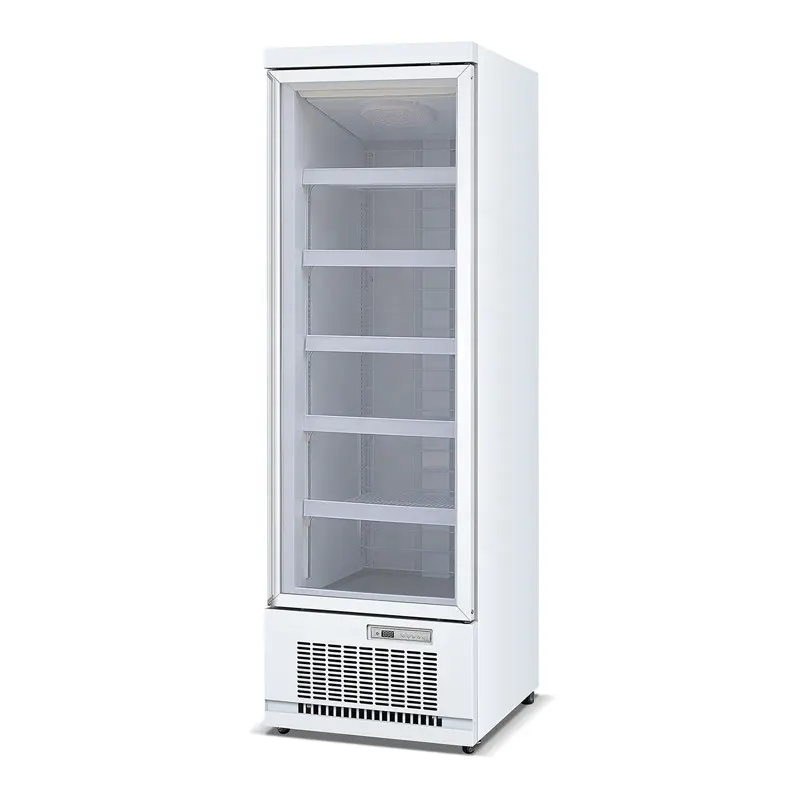 Congelador de escaparate de exhibición de puerta de vidrio vertical comercial de puerta única directa de fábrica para helados y alimentos