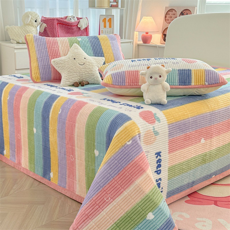 Funda de cama de esquina recta de terciopelo leche con rayas arcoíris