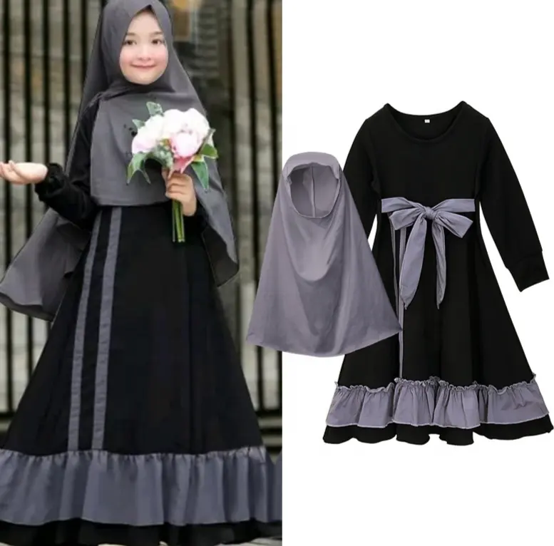 Vente en gros de nouvelle Abaya islamique musulmane pour enfants filles Ramadan avec hijab sur toute la longueur de la robe Burka Maxi Little Toddler Baby Girl Abaya