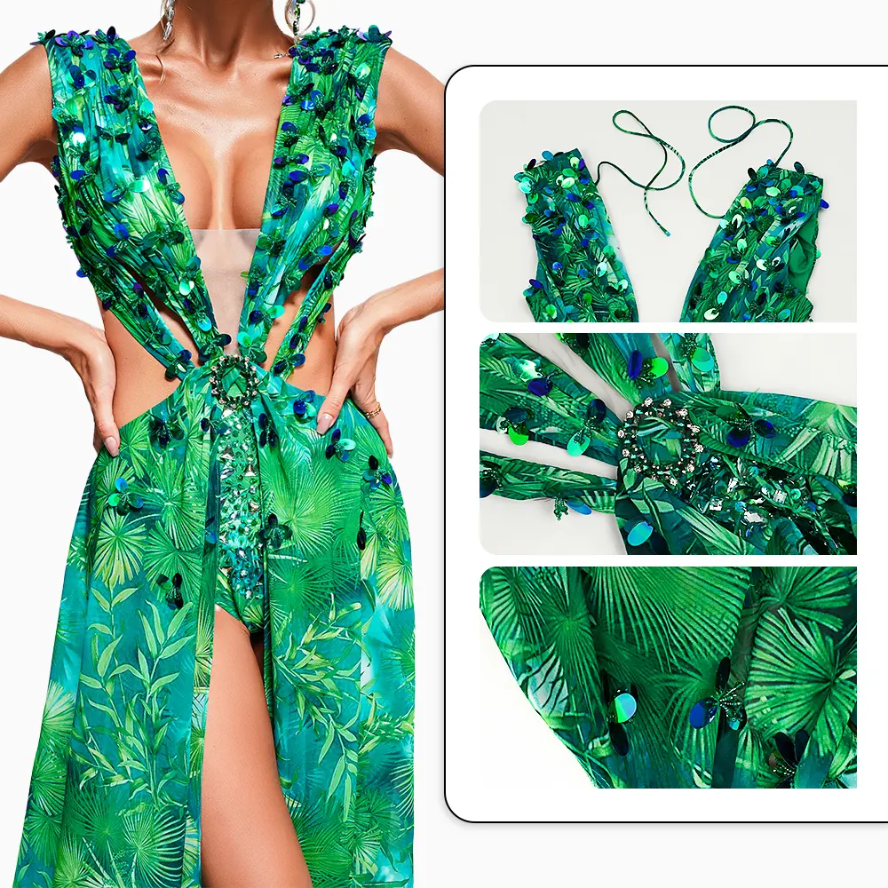 Ladies Sexy Backless Loose V Neck Green Maxi Tropical Print Casual Vacation Beach Dress Woman