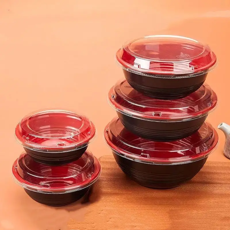 Ücretsiz örnek siyah ve kırmızı tek kullanımlık plastik gıda kabı kase salata şehriye çorbası kasesi OPS kapak mikrodalga fırın ile