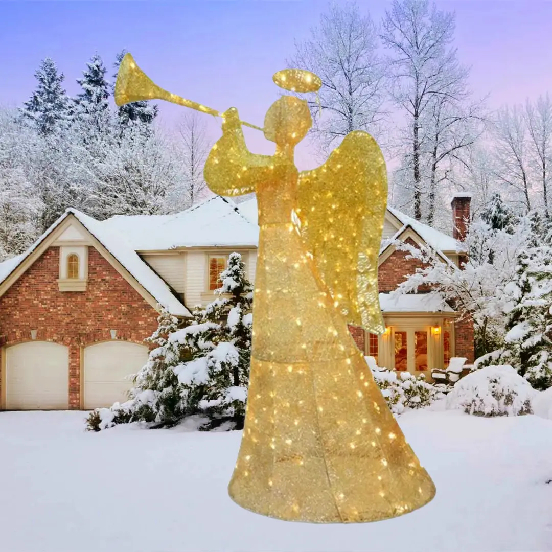 Outdoor LED beleuchtete Eisen Metall Weihnachts dekorationen Engel Dekor Engel mit Trompeten