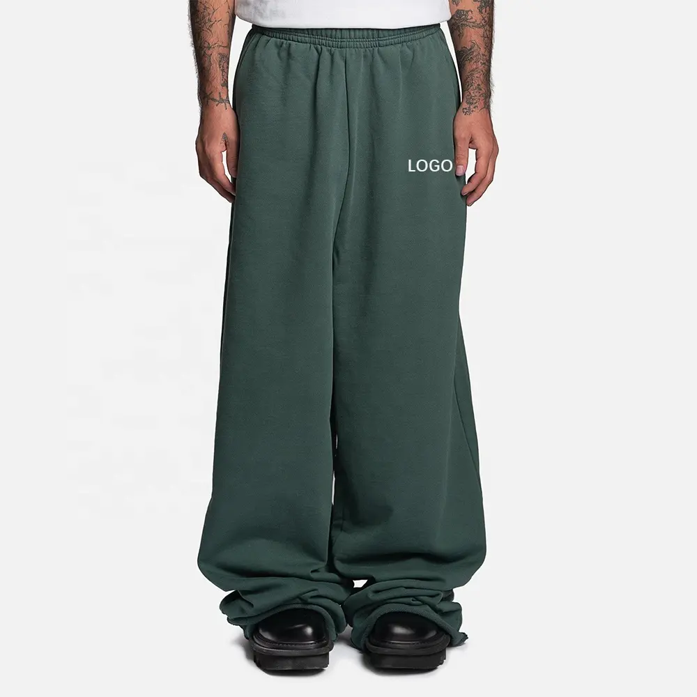 Calças grossas de Hip Hop Heavyweight Sweat Pants Wide Leg Sweatpants Imprimir Logotipo personalizado Casual 100% Algodão Homens Sem Cordão Verde