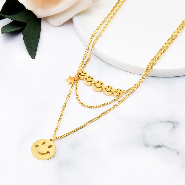Goslanic, модное ювелирное изделие для женщин 18K Золотая цепочка ожерелье Мода улыбающееся лицо кулон многослойное ожерелье из нержавеющей стали