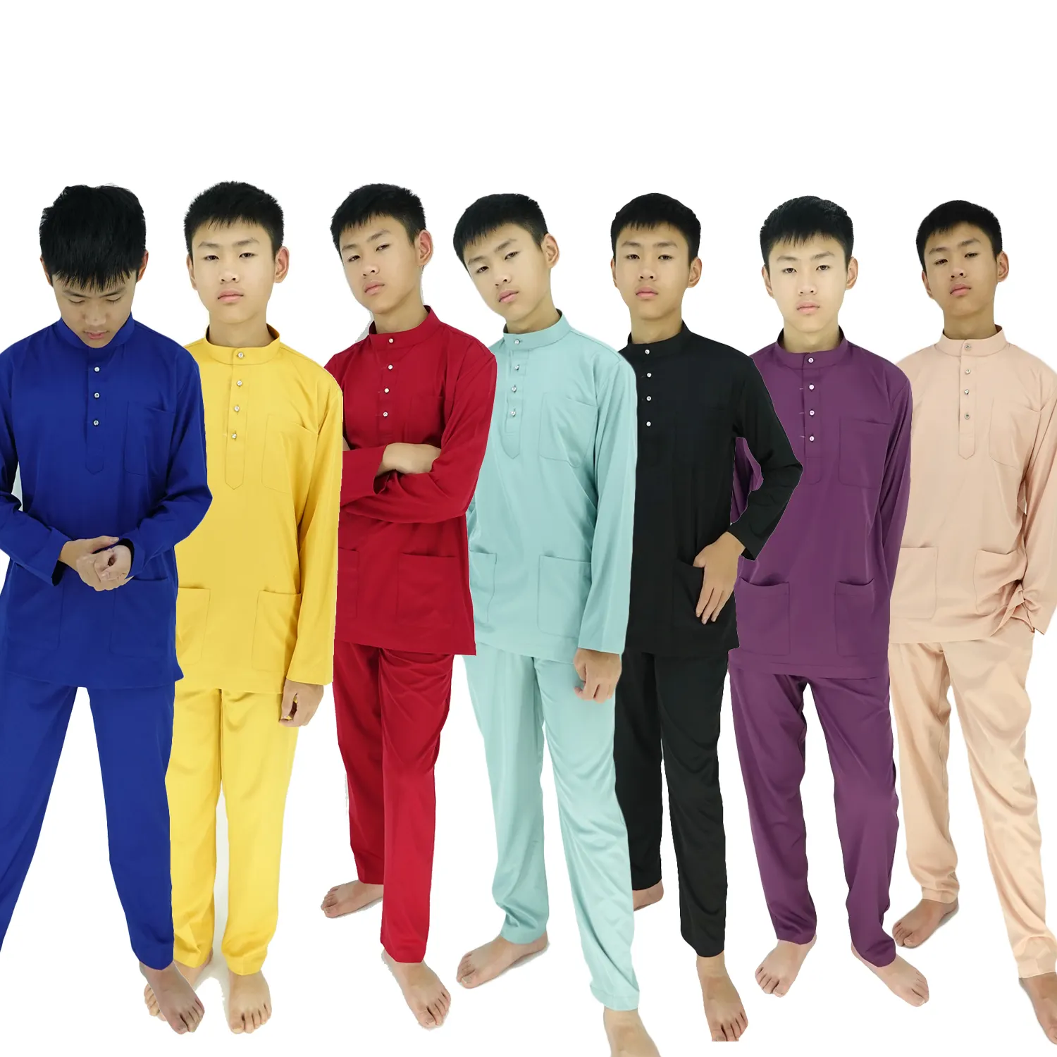 2023 제조사 말레이시아 전통 의류 남성 어린이 새틴 kurta 정장 kurta 세트 바주 malayu melayu