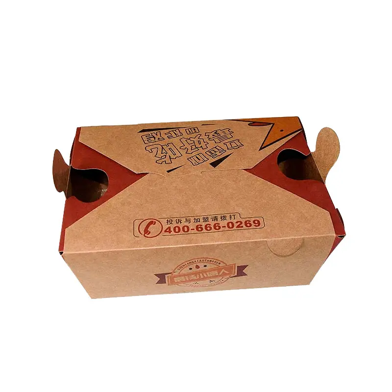 Disposable brown paper food box printing fried chicken packing box air hole oil proof