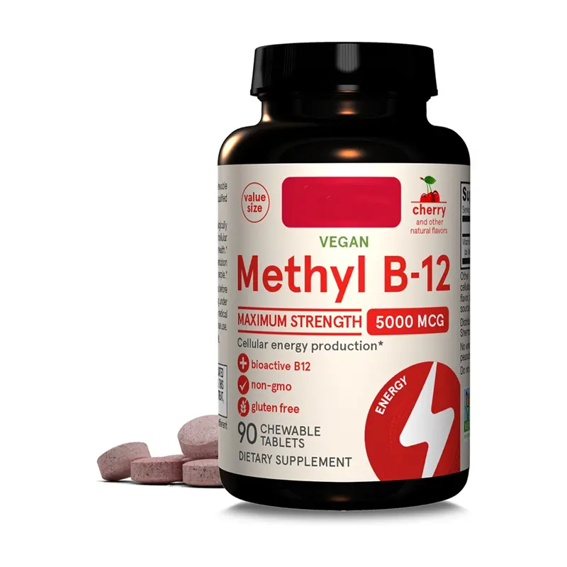 Fórmulas Força máxima Metil B-12 5000 mcg Suplemento dietético 90 Comprimidos mastigáveis sabor cereja Vitamina bioativa B-12