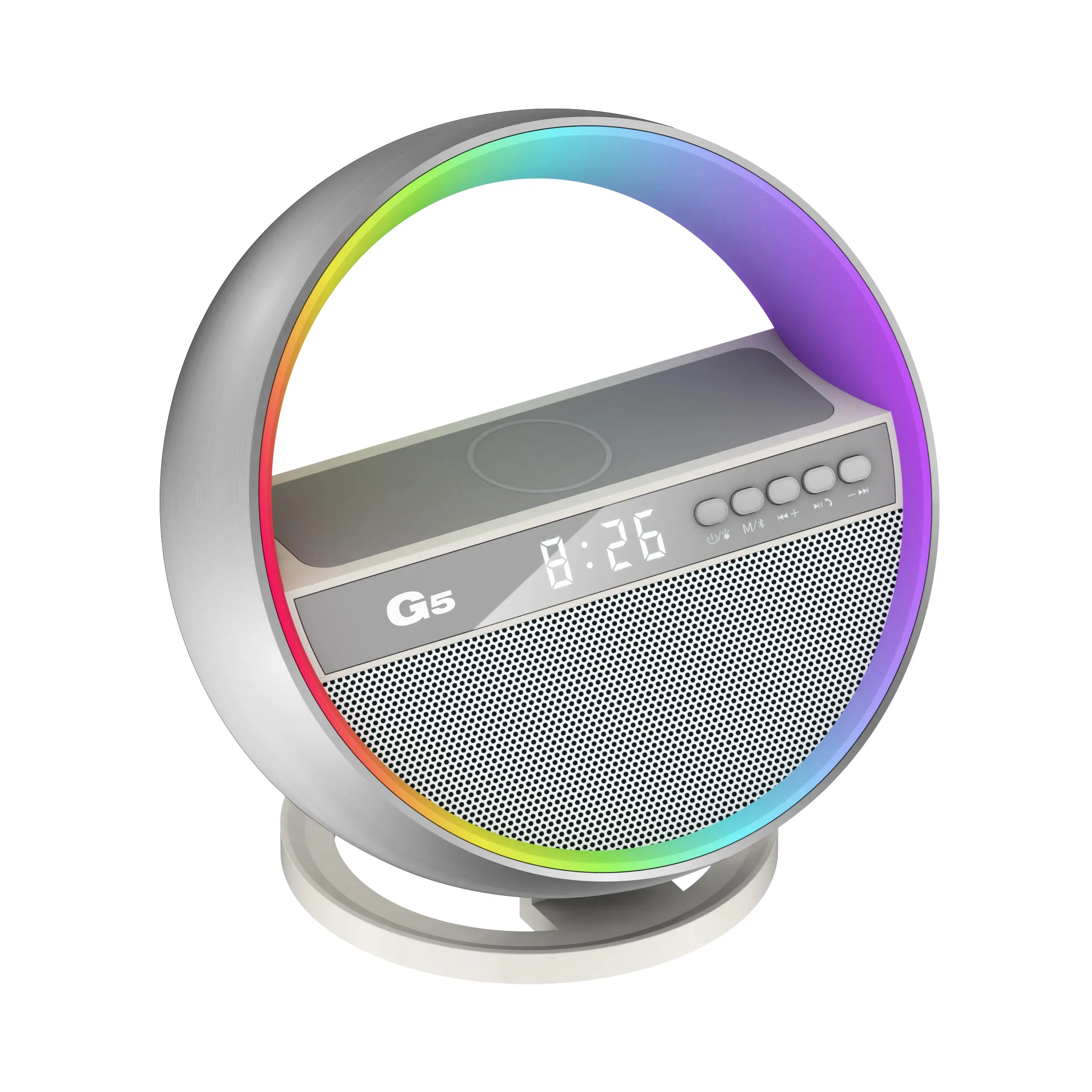 2024 New Product Multifunction Qi Wireless Chargers Display Alarm Clock C-clip LED Wireless BT Speaker