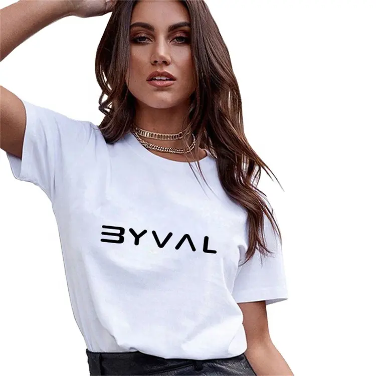 Byval camiseta estampada personalizada, 95% algodão 5% spandex tela impressa camiseta feminina gráfica a granel com etiqueta