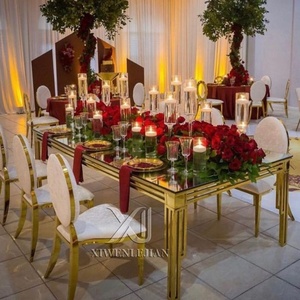 Moderner Edelstahlrahmen Goldener Hochzeitstisch Hochwertige Hotelmöbel Esstisch für Empfänge Spiegelglas Eventtisch - Product Image 6