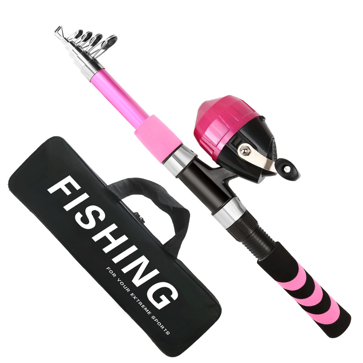 Canne à pêche rose - moulinet sans fil - sac de matériel de pêche