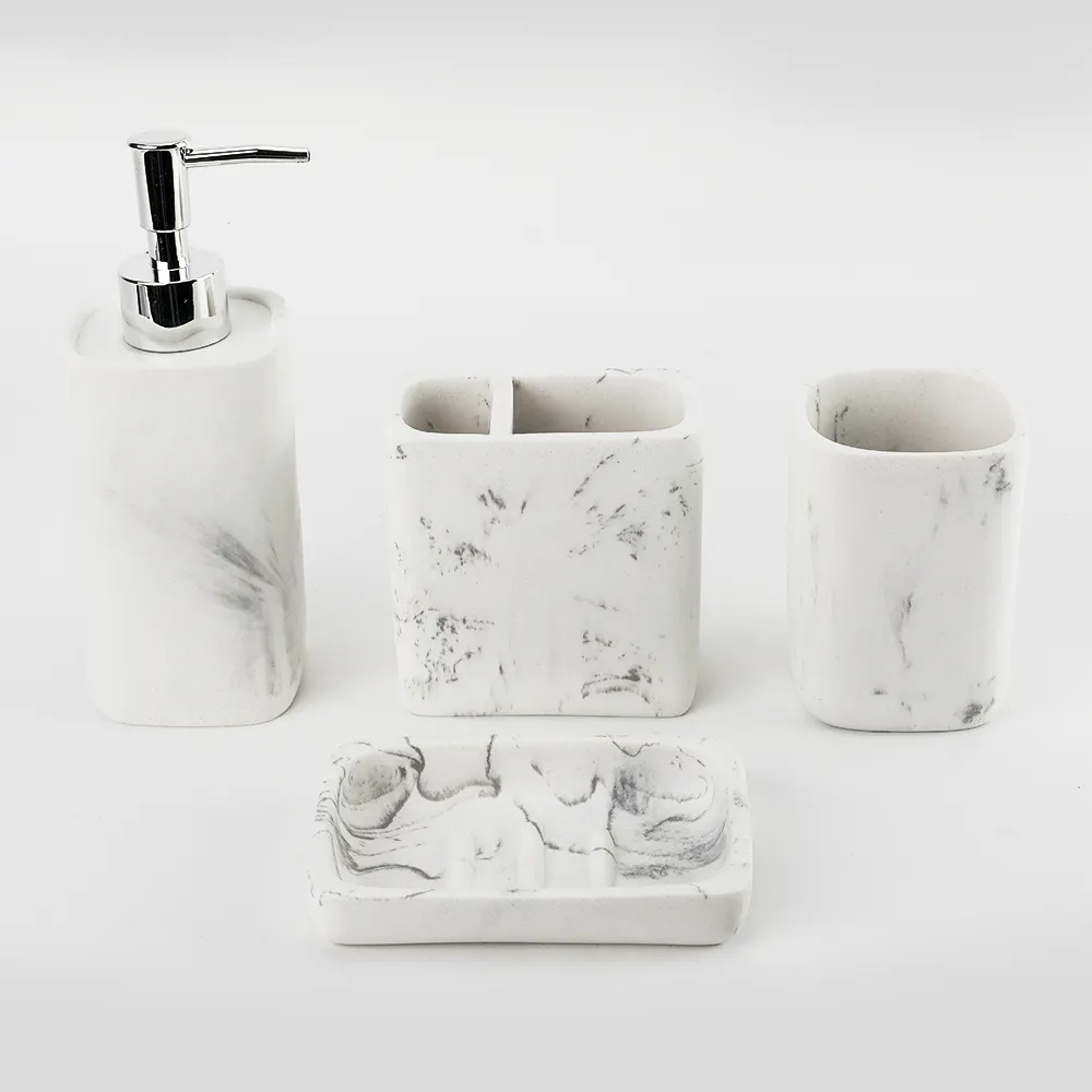 Bathroom Essentials Marble Matt Design 4-Piece Resin Bathroom Accessories Set