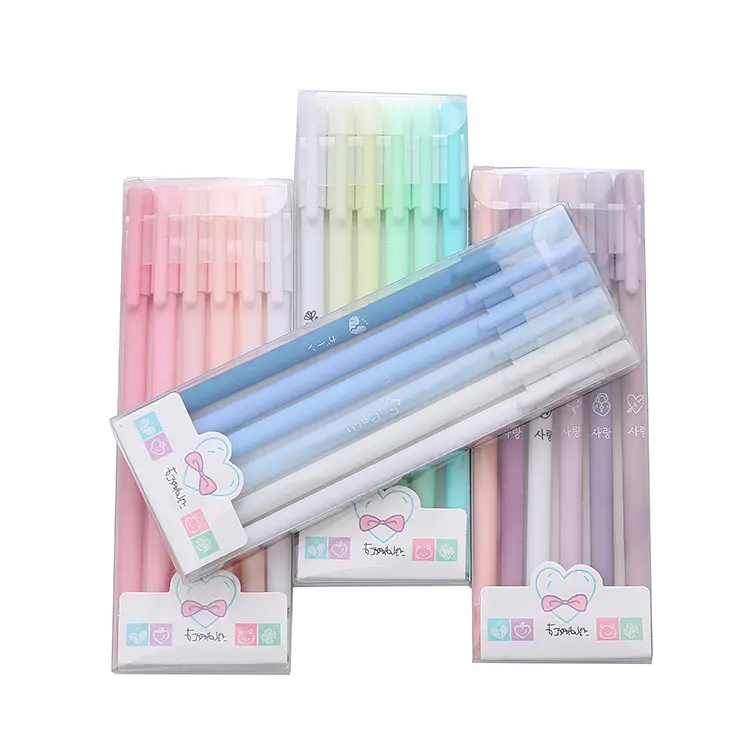 Lot de 6 stylos rétractables couleur Morandi avec logo personnalisé et encre gel, écriture lisse, idéal pour l'école et le bureau.