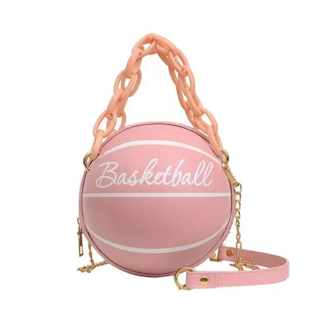 2021 Groothandel Fabriek Pu Lederen Draagbare Ronde Crossbody Basketbal Vorm Dame Hand Tas Basketbal Purse Met Acryl Ketting