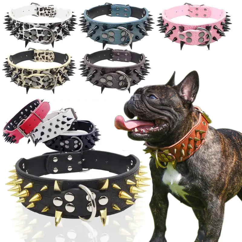 Personalizado Couro De Luxo Studded Spiked Dog Collar Pet Designer Coleiras Imprimir RIBBONS Opp Bag Ajustável Aceitar Logotipo Personalizado