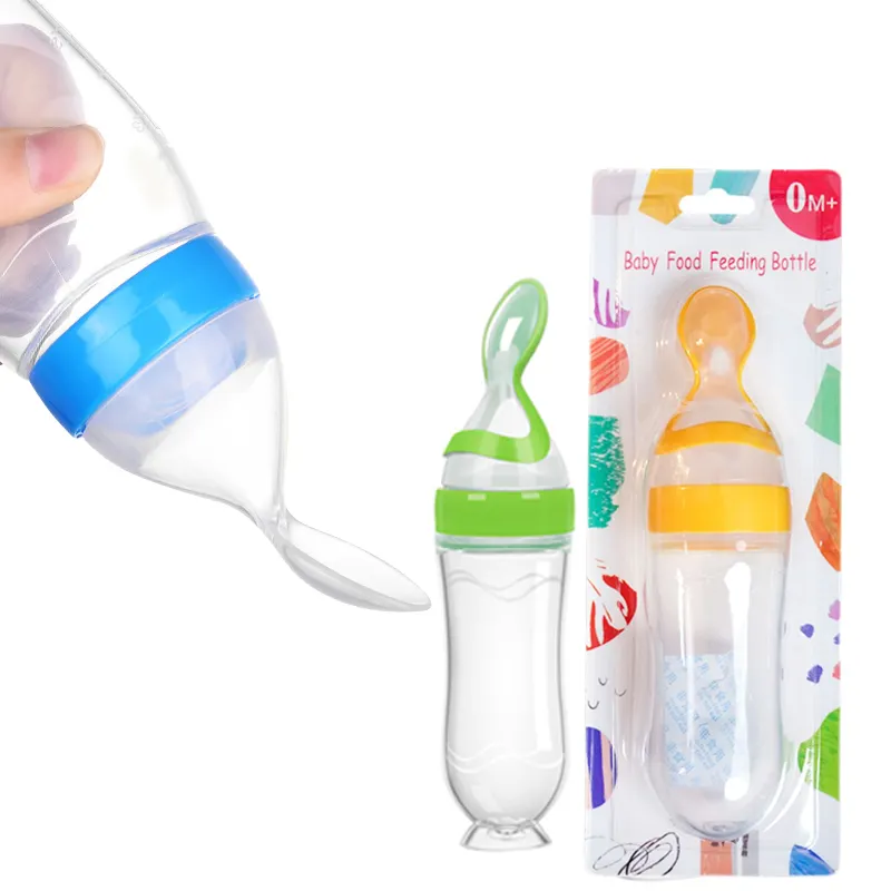 Eversoul Wholesale Baby Product Baby Cereal Feeding Spoon Silicone Squeeze Baby Feeder Bottle With Spoon And Suction Cup Bottom