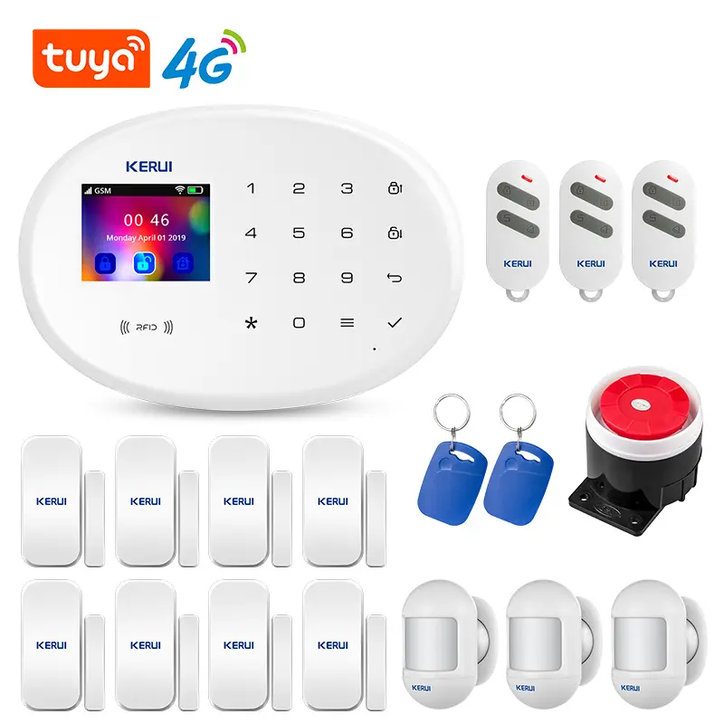 Kerui sistema de alarme de segurança residencial, wi-fi 4g gsm, sistema com 2.4 polegadas, tft, painel de toque, sem fio, tuya, alarme anti-roubo de casa inteligente