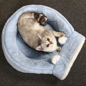 ライトブルーぬいぐるみイグルー型ハウス双方向中古猫トンネルベッドキティ用