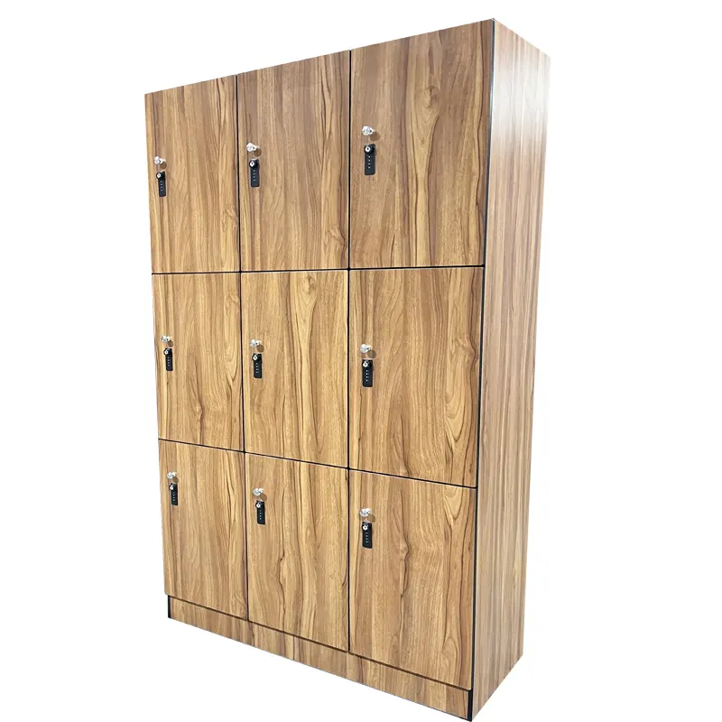 Fumeihua armadietto hpl in legno di noce a 3 livelli facile da usare serratura num armadietto fitness a 9 ante