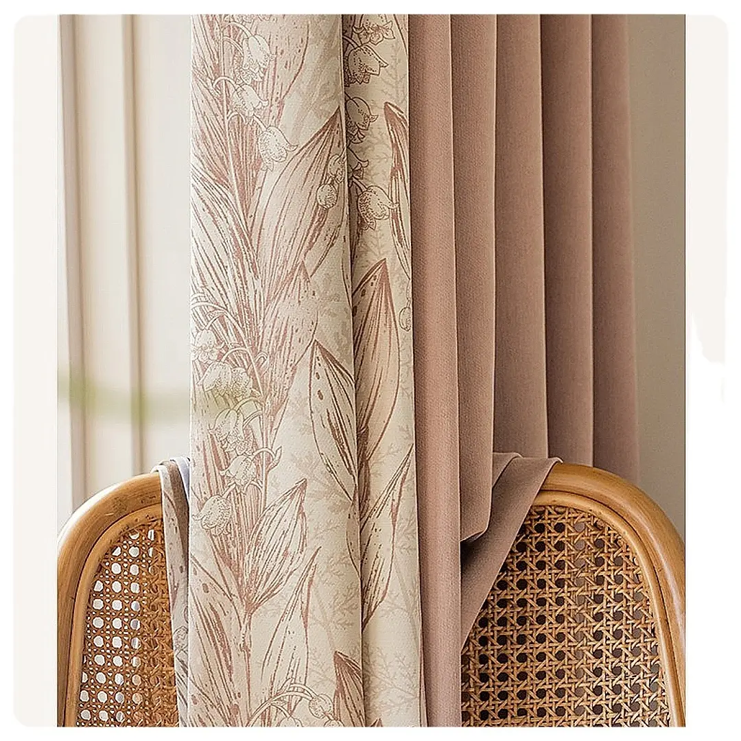 Chenille High Blackout Curtains Jacquard Floral Pattern-D Splicing Design Curtain Drapes for Living Room