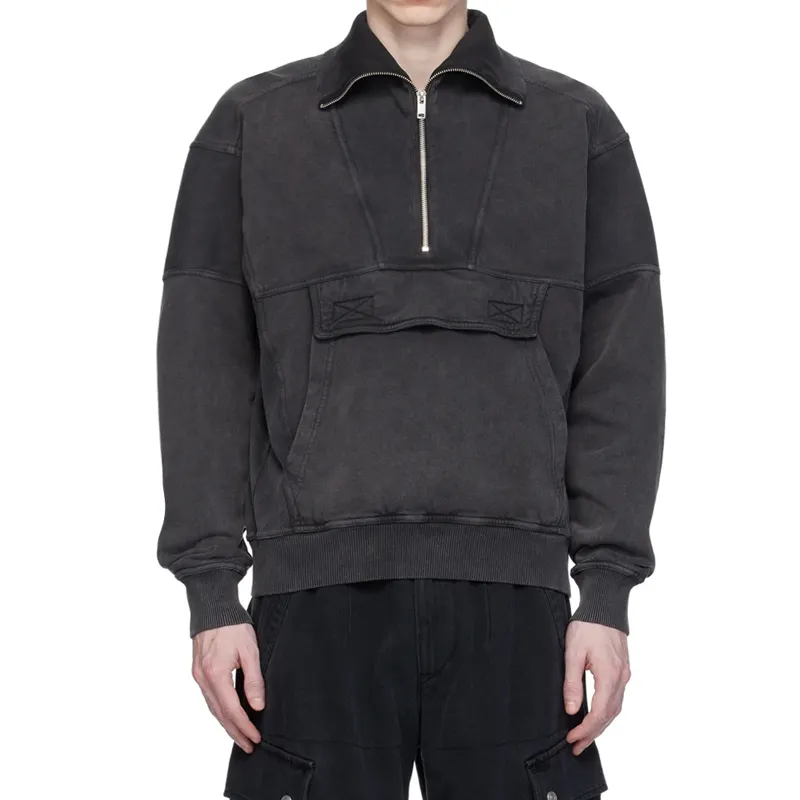 OEM manga larga lavado Fade negro Rib Knit paneles embudo cuello algodón Jersey chaqueta