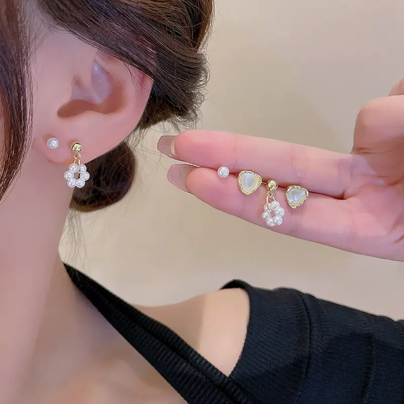 3 Stück koreanischer Großhandel günstige niedrige Kosten Opal-Stäbchen-Ohrringe 925 Silberne Stange kleines Perlenherz Blume trendige Ohrringe Sets