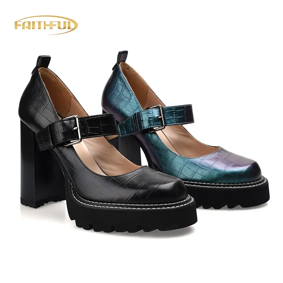 Pompaları Sandal tıknaz yüksek topuk bayan ayakkabı Mary Jane ayakkabı yeni varış tasarımcı topuk hakiki deri kauçuk katı koyun derisi