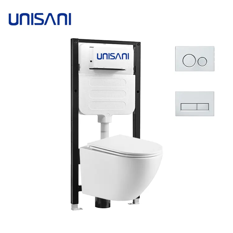 Wall-Hung Ceramic One-Piece Toilet Space-Saving Bathroom Water Closet WC Mounted Mute Flush Rimless Toilet Bowl Support