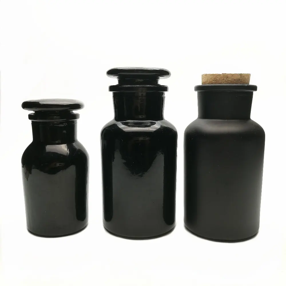 ガラスストッパーまたはコルク付きの黒いスプレーカラー化学ガラス試薬薬剤師ボトル